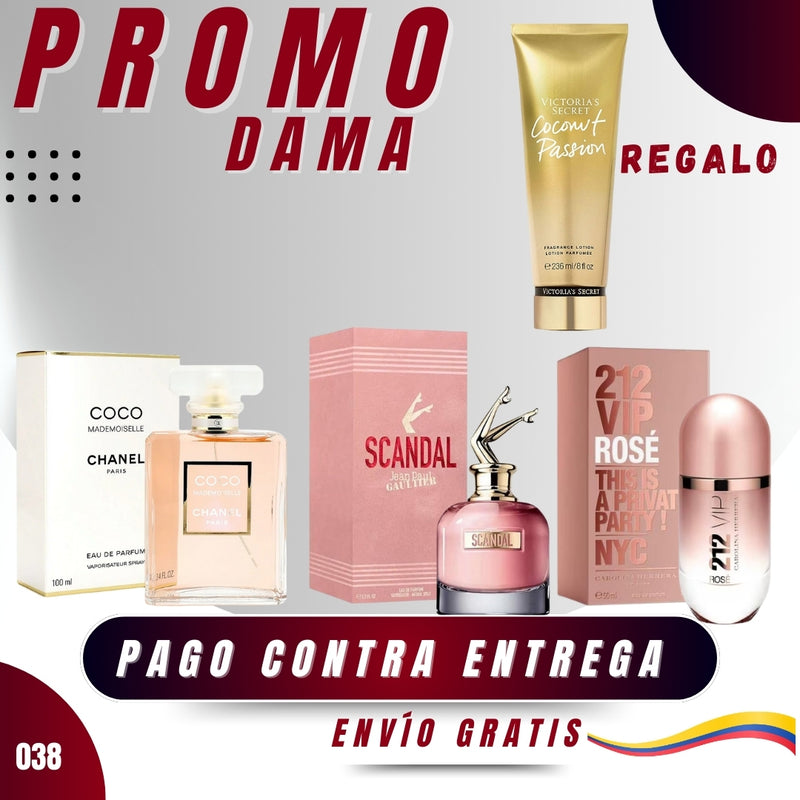 038 - 3 PERFUMES + REGALO (SCANDAL+COCO CHANEL+212 ROSE + CREMA 1.1)