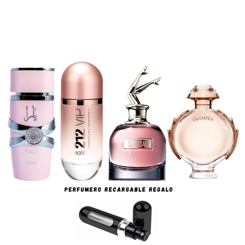 039 - 4 PERFUMES + REGALO (YARA, SCANDAL,OLYMPEA, 212 VIP ROSE MAS PERFUMERO RECARGABLE)