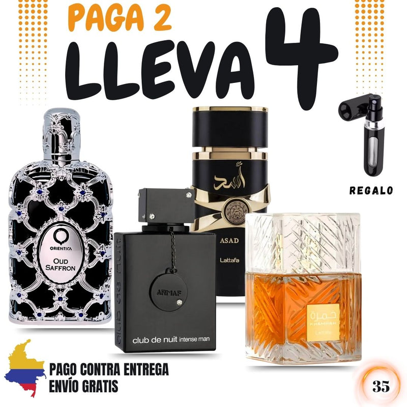 35 - 4 PERFUMES + 1 REGALO (Club+ Asad+ khamrah+Oud saffron + Perfumero)