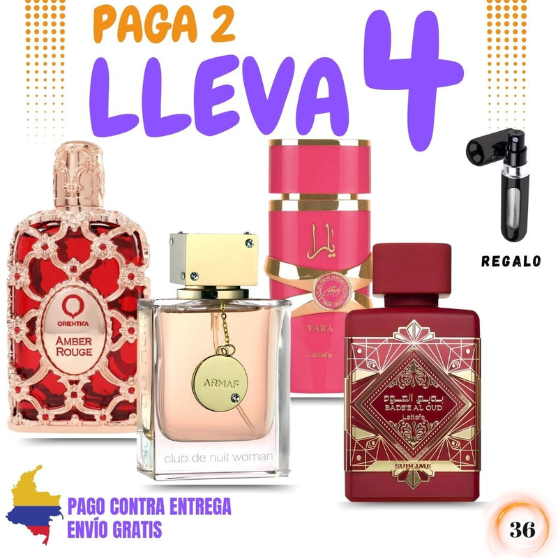 36 - 4 PERFUMES + 1 REGALO (Club+ Yara Candy+ ublime+Amber + Perfumero)