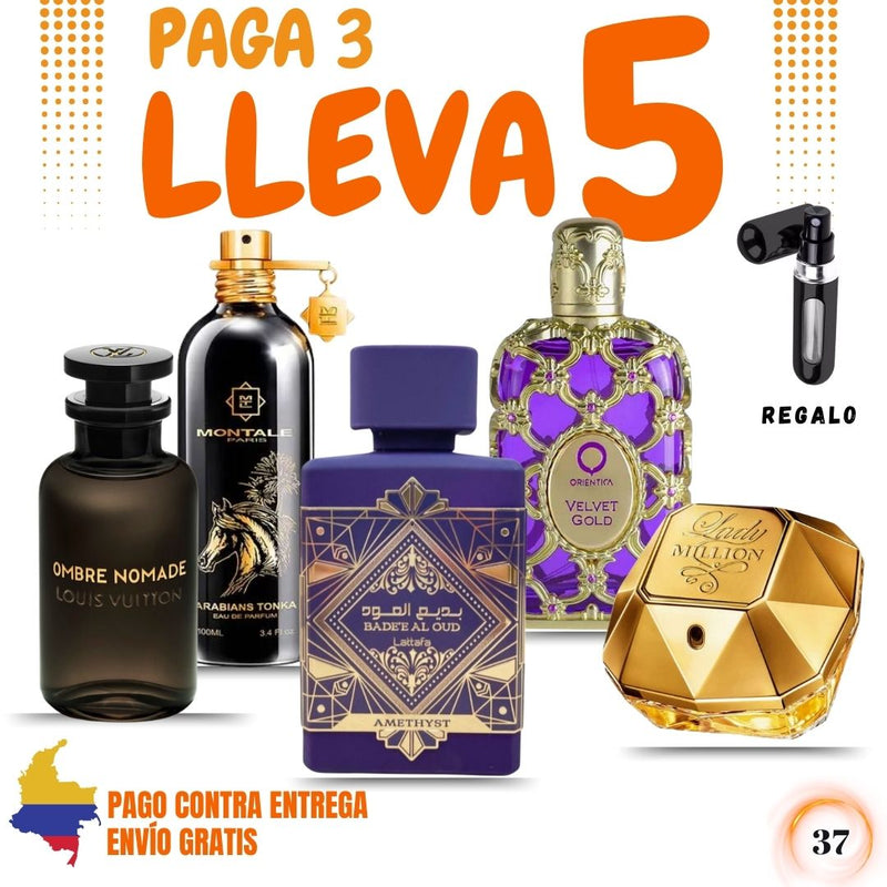 37 - 5 PERFUMES + 1 REGALO (Nomade+ Montale+ Amethyst + Velvet + Lady + Perfumero)