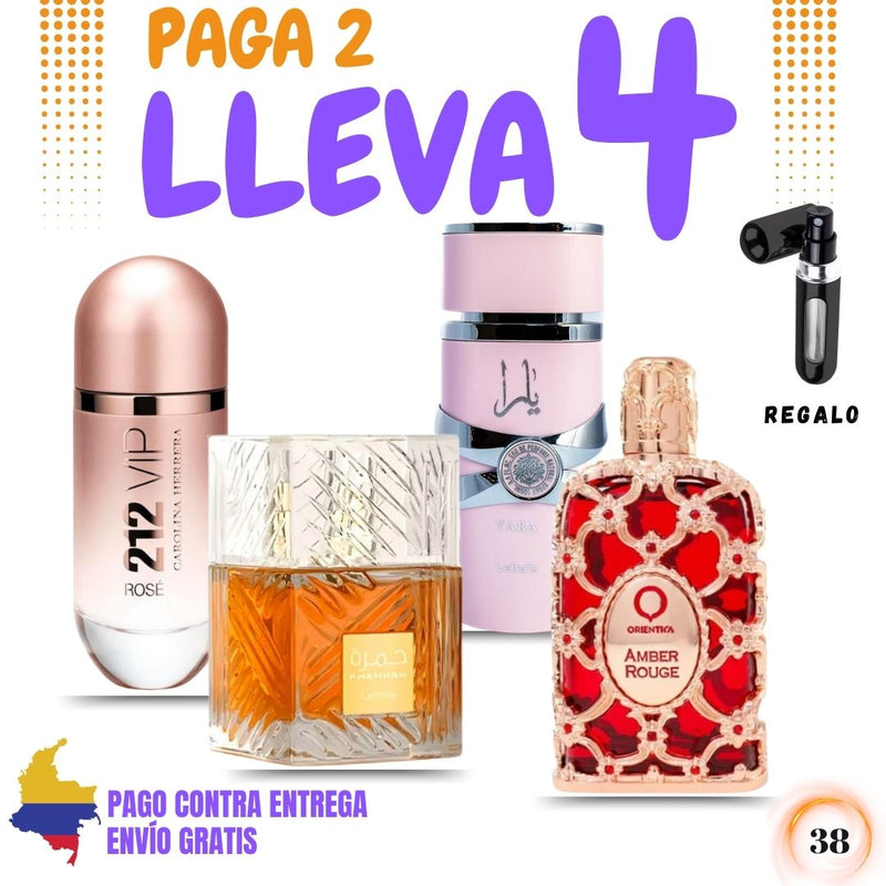 38 - 4 PERFUMES + 1 REGALO (212 rosé - Yara - Amber +  khamrah + Perfumero)