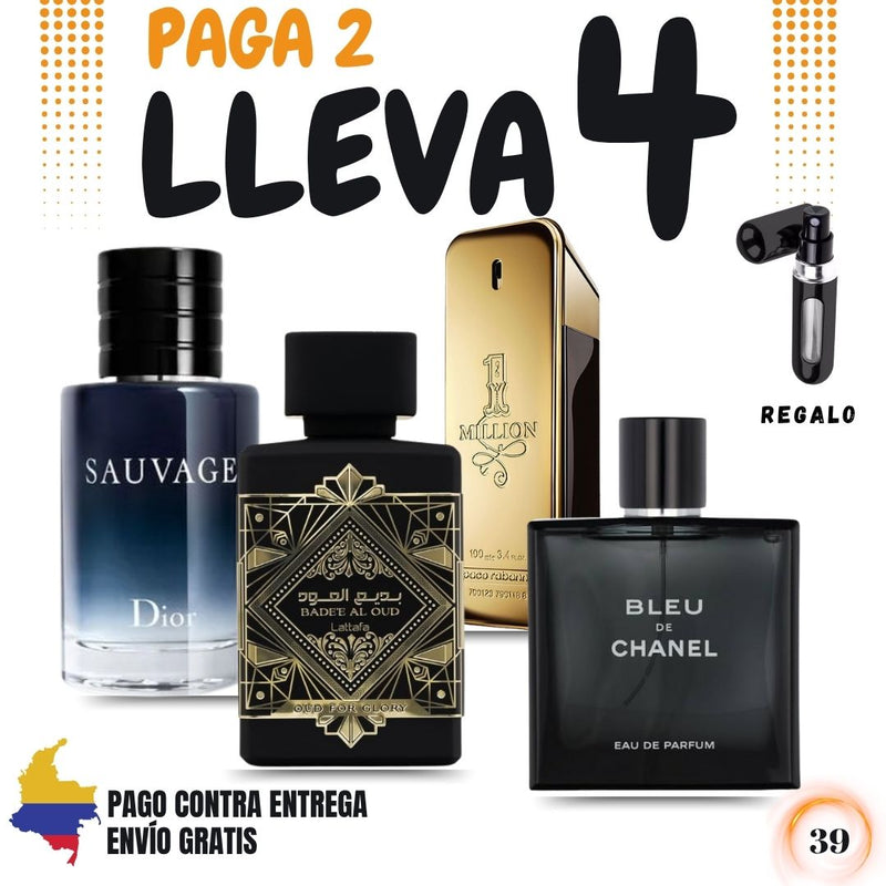 39 - 4 PERFUMES + 1 REGALO ( sauvage - 1 million- oud for glory - Bleu + perfumero)