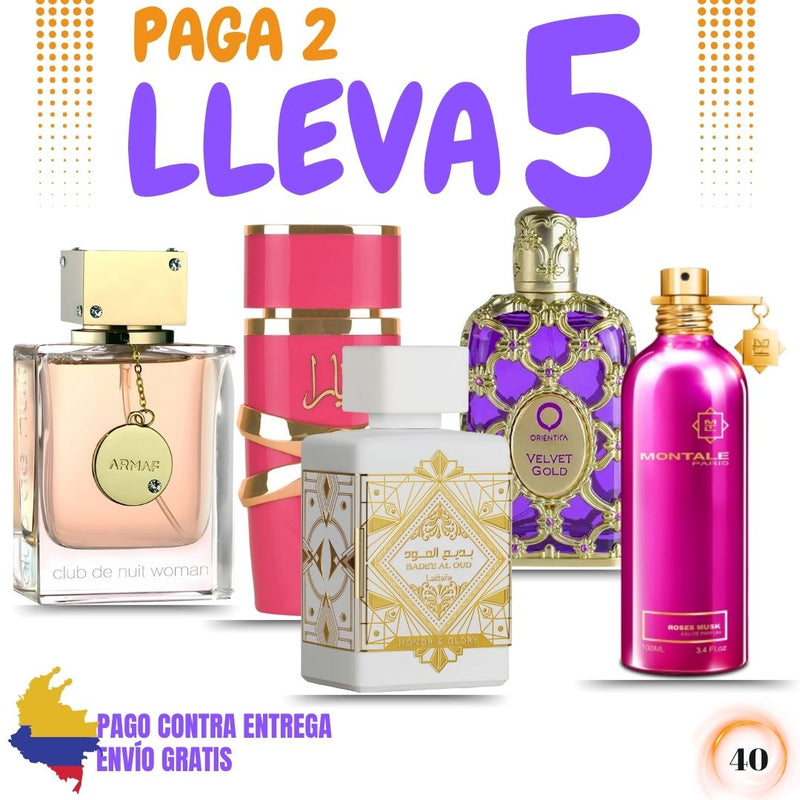 40 - 5 PERFUMES ARABES + 1 REGALO (Yara Candy,  Club the Nuit Woman,  Roses Musk,  Orientica Velvet Gold,  Lattafa Honor Glory  Mas un Perfumero Recargable)